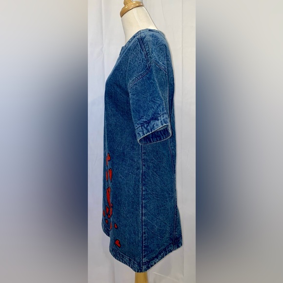 Anthropologie Dhruv Kapoor Embroidered Hearts Denim Short Sleeve Mini Dress - Picture 7 of 11